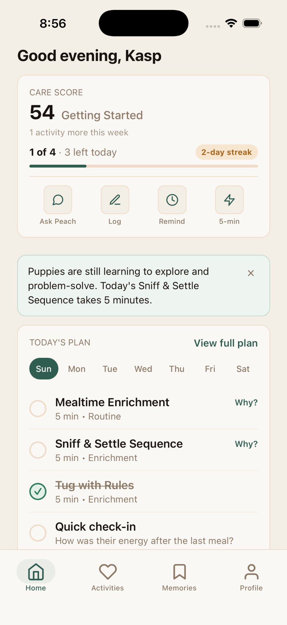 Zenoomi home screen showing Care Score, daily plan, and today's activities